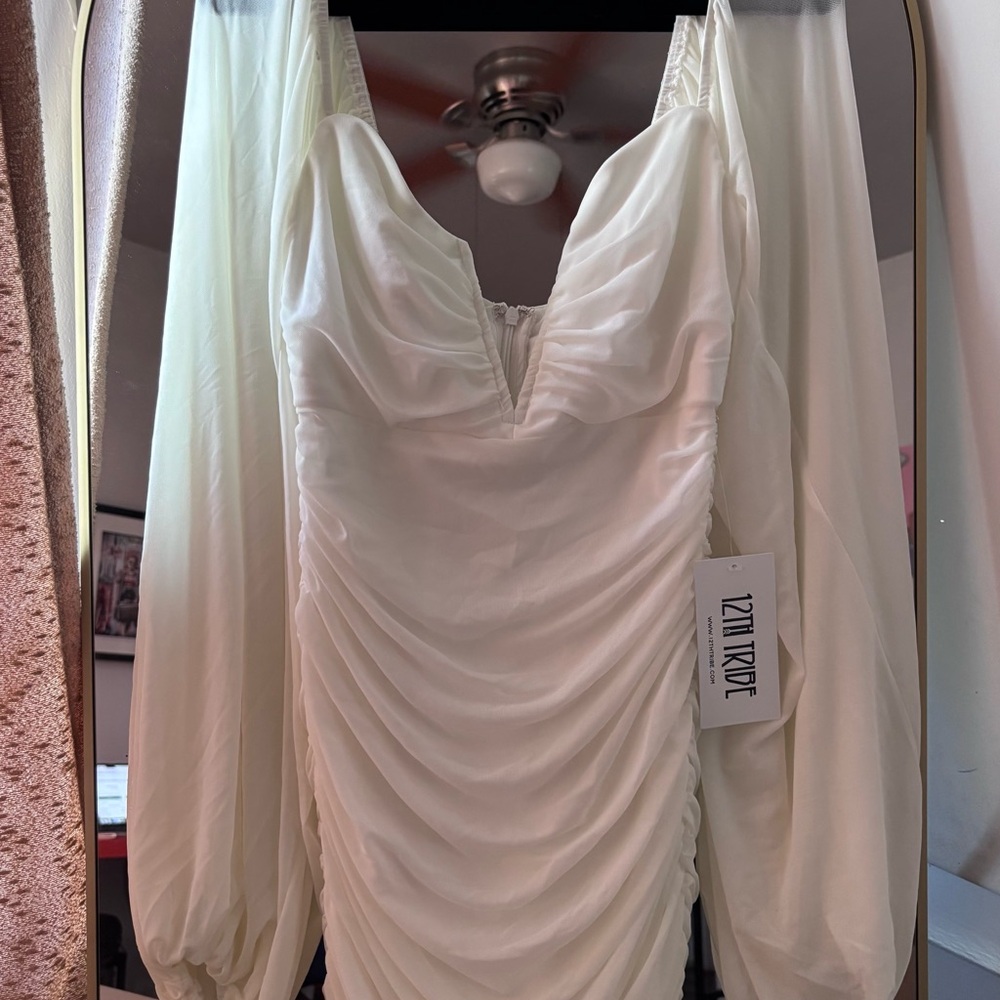 12th Tribe Ivory Ruched Long-Sleeve Dress with Bishop Sleeves